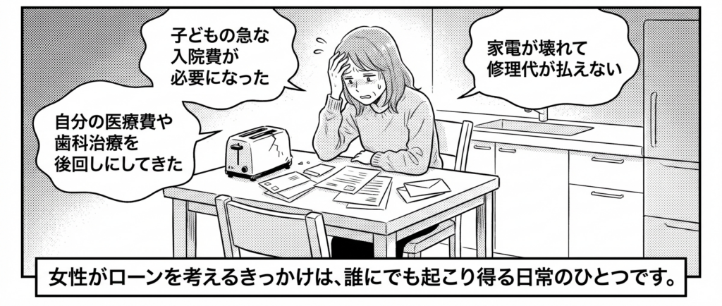 「子どもの急な入院費が必要になった」「家電が壊れて修理代が払えない」「自分の医療費や歯科治療を後回しにしてきた」——女性がローンを考えるきっかけは、誰にでも起こり得る日常のひとつです。