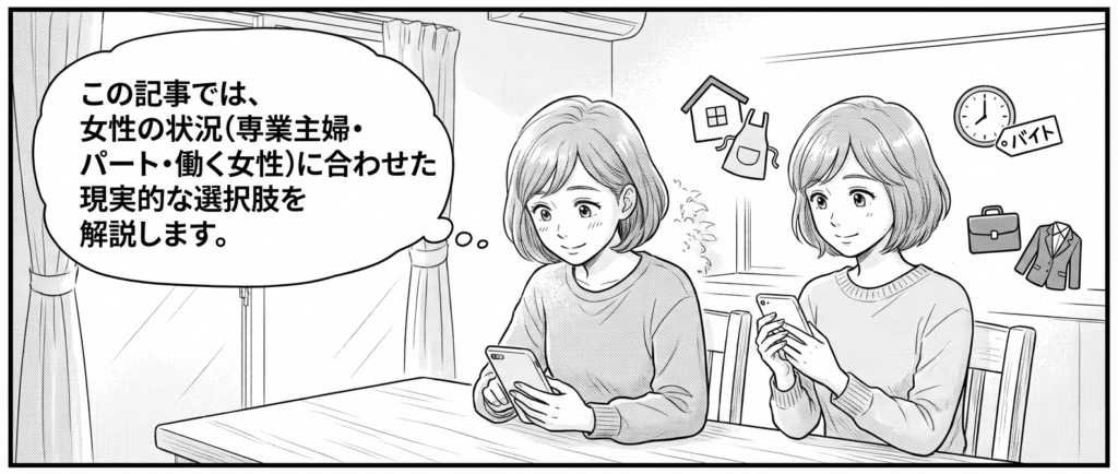 この記事では、女性の状況（専業主婦・パート・働く女性）に合わせた現実的な選択肢を、元セゾン社員の監修のもとで解説します