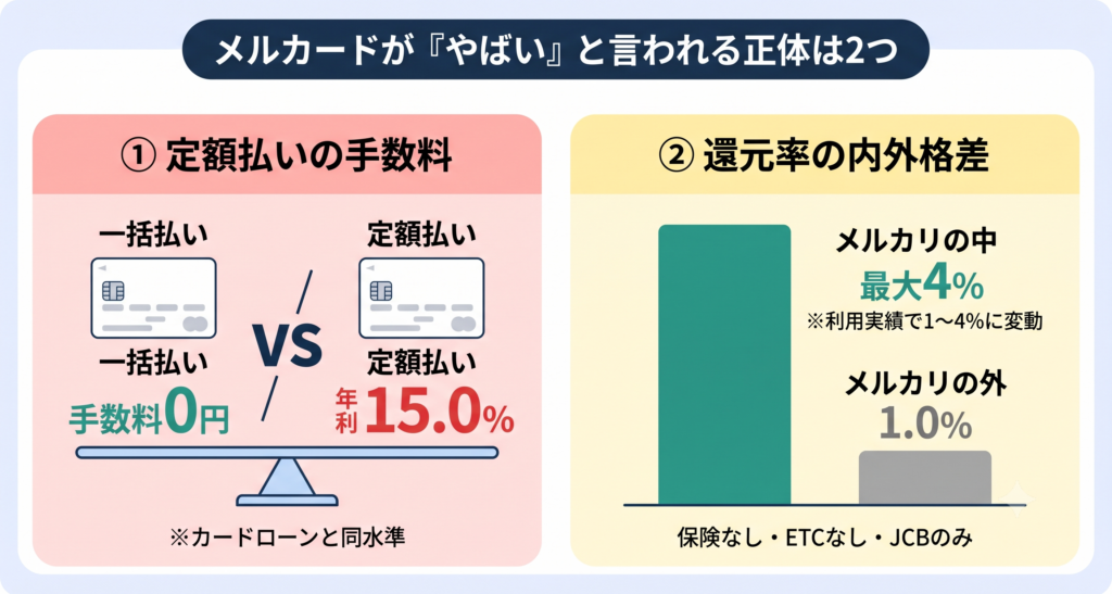 メルカード「やばい」の正体はこの2つ。定額払いの手数料は年利15.0%＝カードローンと同水準（一括払いなら手数料0円）。メルカリの中では最大4%還元なのにメルカリの外では1.0%止まり。還元率はメルカリ・メルペイの利用実績に応じて1〜4%で変動し、4%に届くのは購入・出品を頻繁に行うヘビーユーザー水準。さらに付帯保険なし／家族カード・ETCなし／ブランドはJCBのみ
