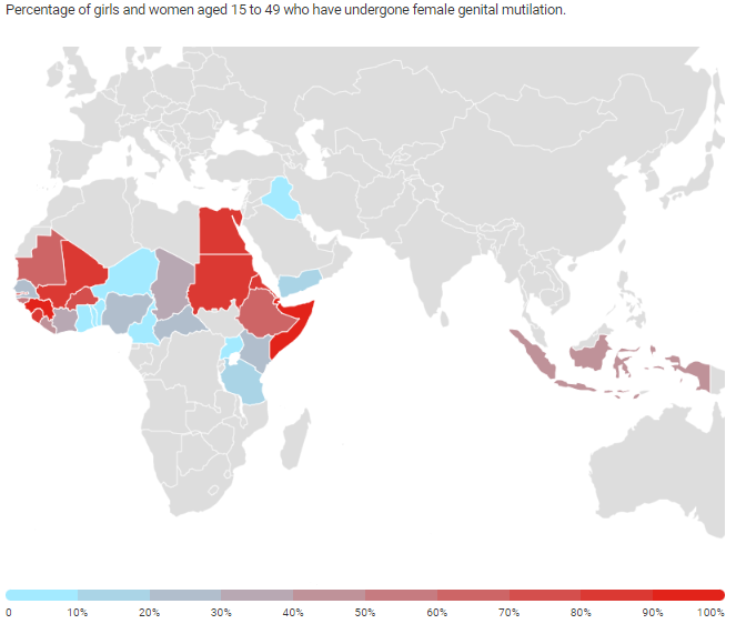 世界でFGMを受けた15～49歳の女性の割合を示す世界地図