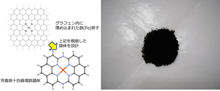 十四員環鉄錯体研究の概念図と、作製した触媒粉末
