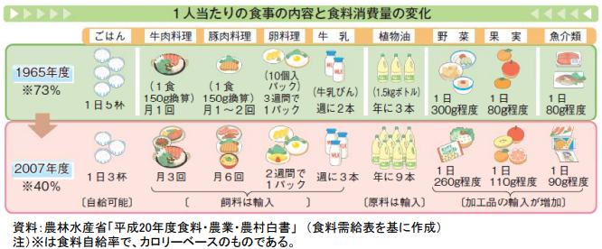 日本の平均的な食事の内容と食料の消費量の変化