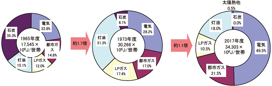 日本の家庭のエネルギー源別消費