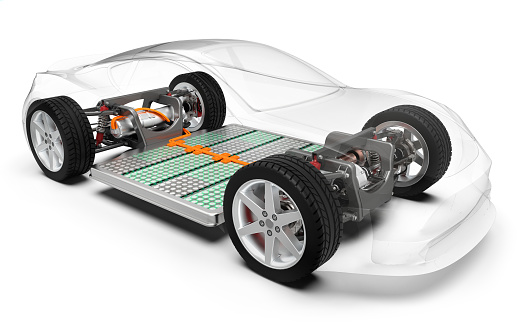 Modern electric car with battery, x-ray vehicle chassis, 3D rendering