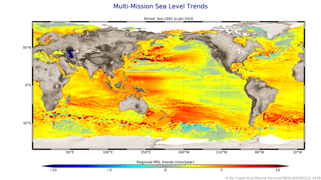 海域別に見た、世界の海面水位の変化(1992〜2018)