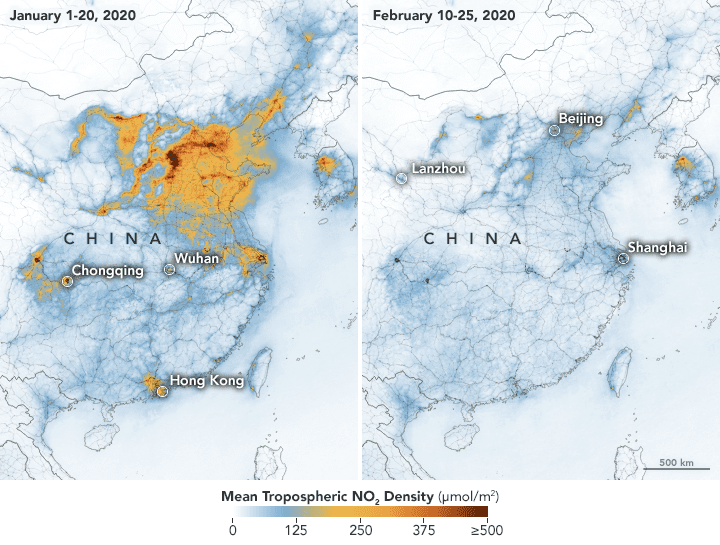 【NASAが発表した中国の大気汚染状況：2020年】