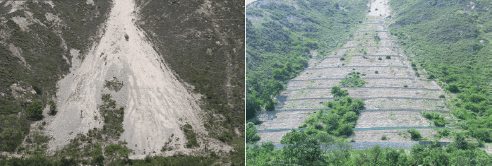 【JICA四川省震災後森林植生復旧計画プロジェクト：地震で崩壊した山地（左）と施工３年後（右）】