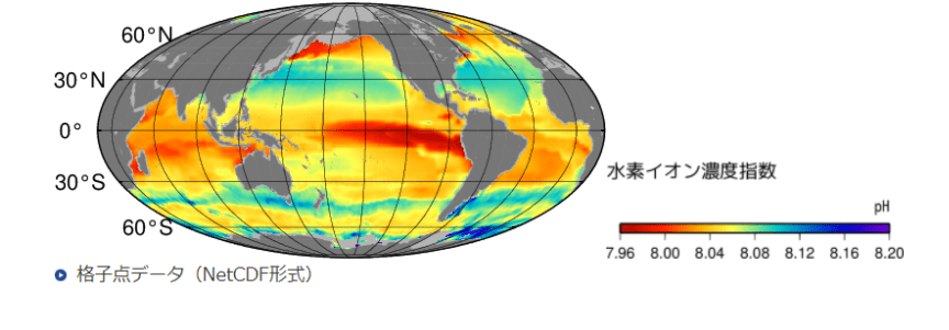 気象庁｜海洋の二酸化炭素のデータ 海面の二酸化炭素・pHの分布図