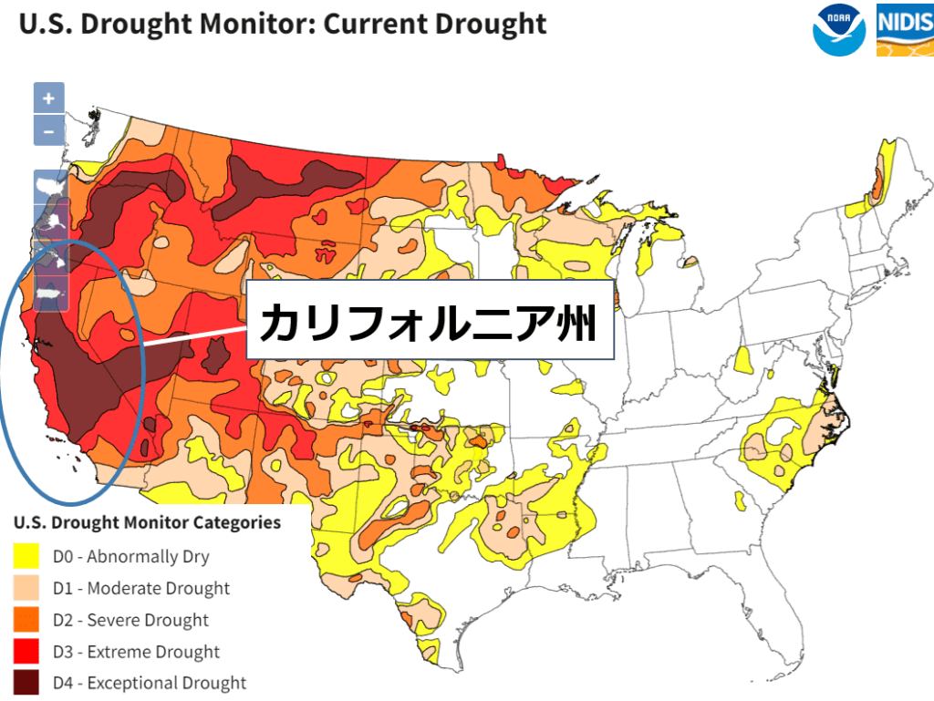 気候変動による水不足事例アメリカ　カリフォルニア州