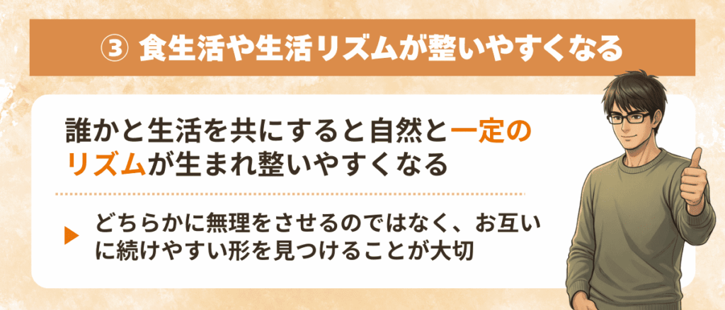 食生活や生活リズムが整いやすくなる