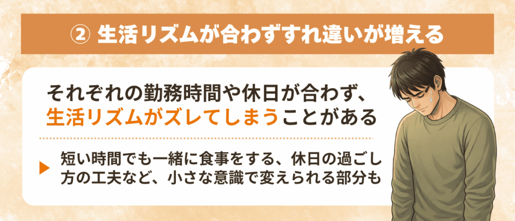 生活リズムが合わずすれ違いが増える