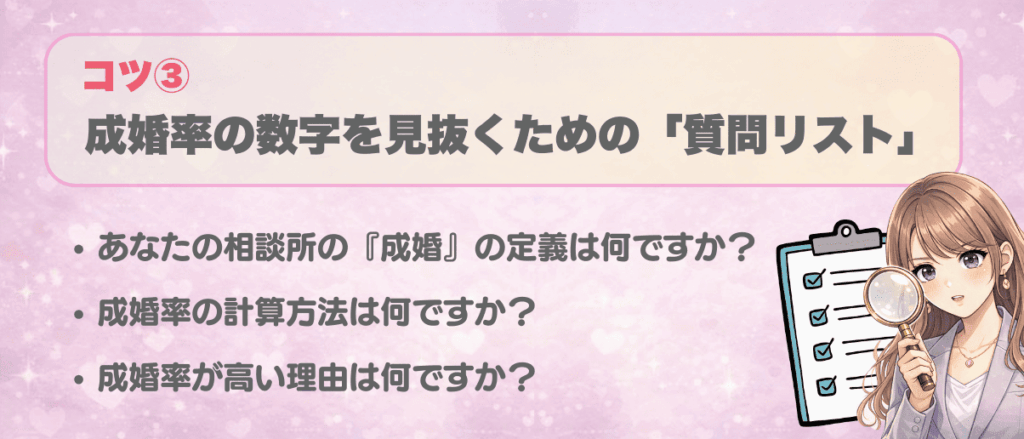 成婚率の数字を見抜くための「質問リスト」